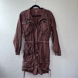 Free People Mauve Utility Collared Long Sleeve Romper with waist tie & pockets